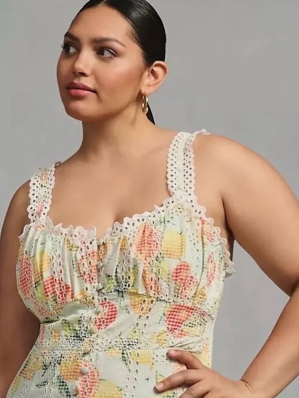 Sunny Lemon and Orange Print Eyelet sleeveless lined Midi Dress - Picture 13 of 14
